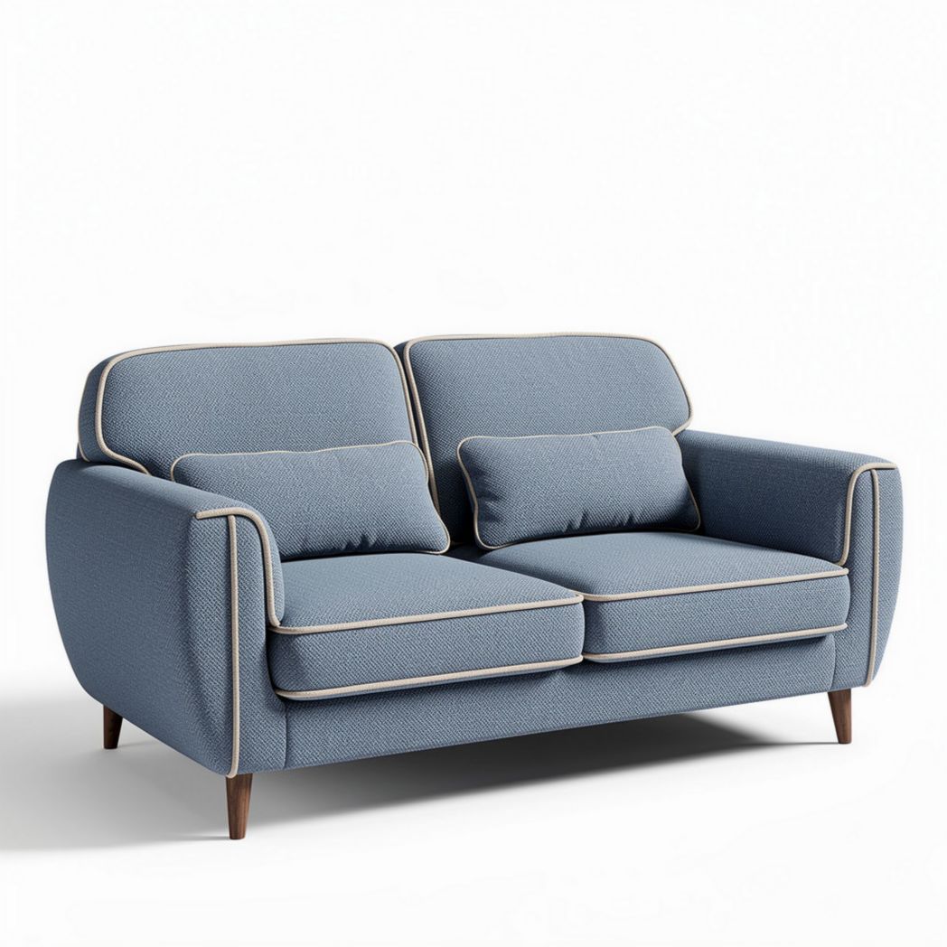 Blauwe stoffen bank met kussens en houten poten 200 x 90 x 80cm