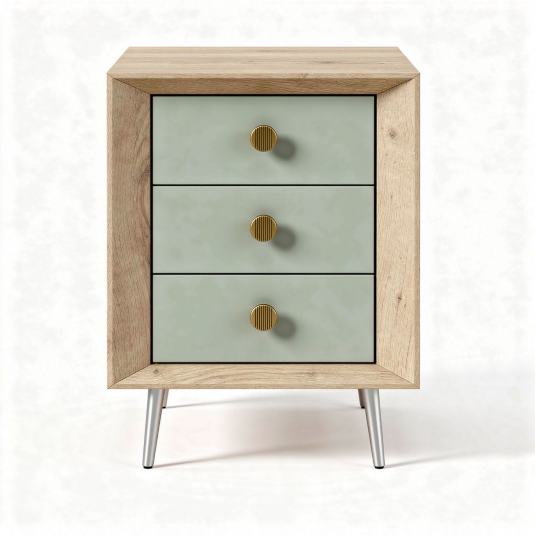 houten nachtkastje met drie lades in groen en natuurlijk eiken 40 x 30 x 60cm