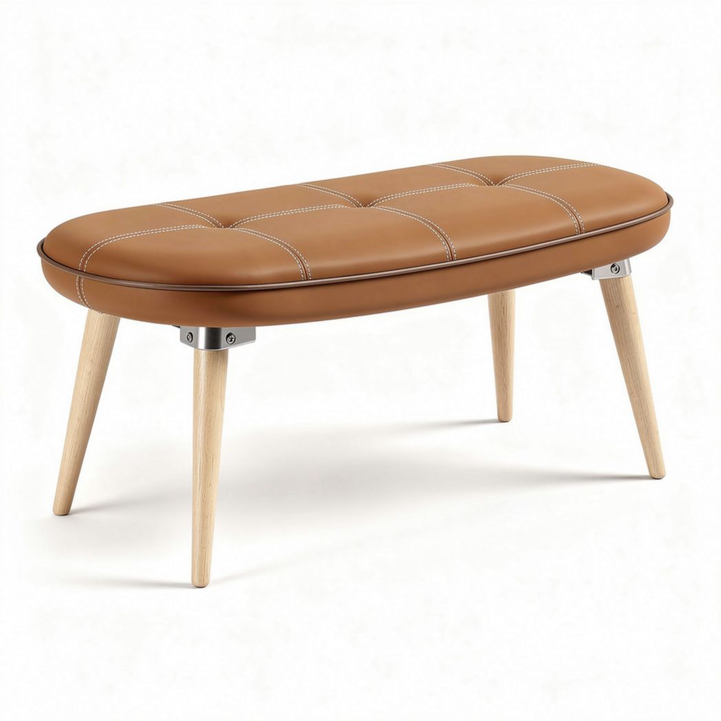 Leren bankje met houten poten 100 x 40 x 45cm in bruin