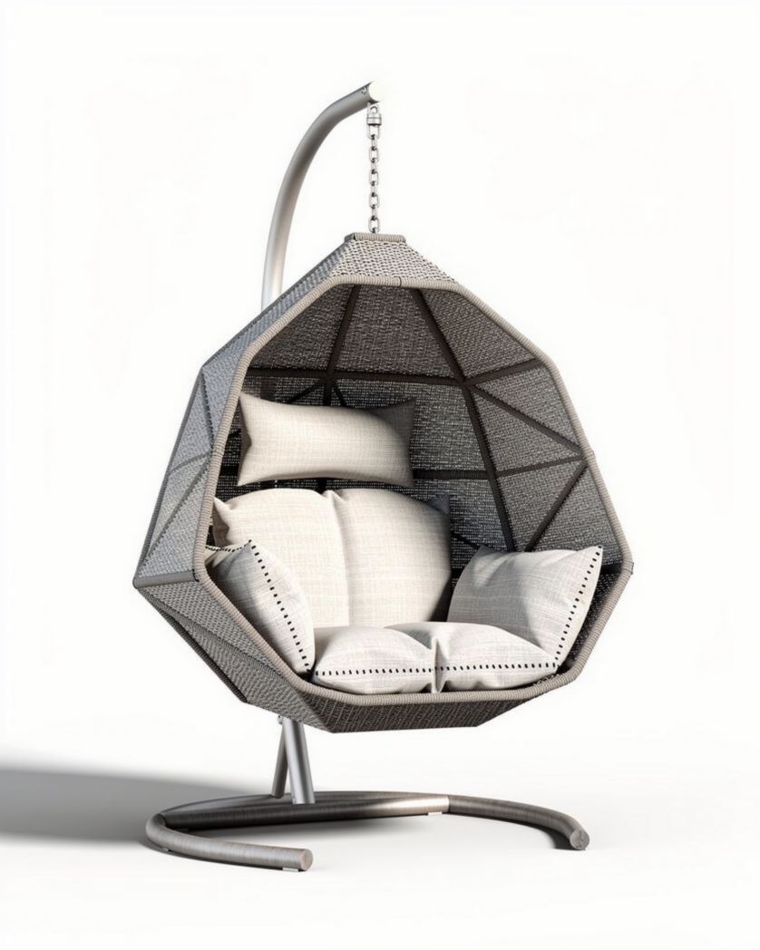 Hangstoel van kunststof met kussen en metalen frame 100 x 80 x 120cm