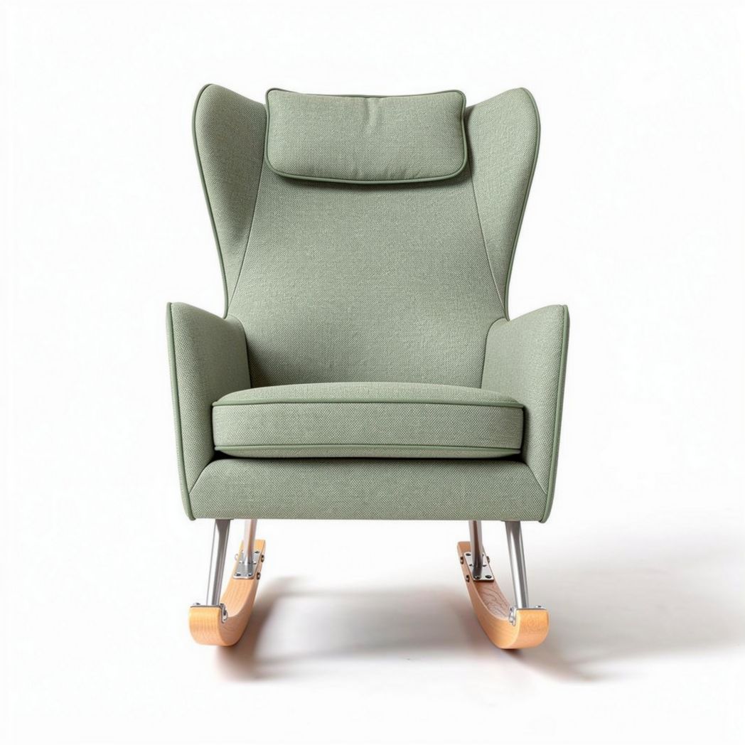 Schommelstoel in groen stof met houten frame en kussen 80 x 70 x 100cm