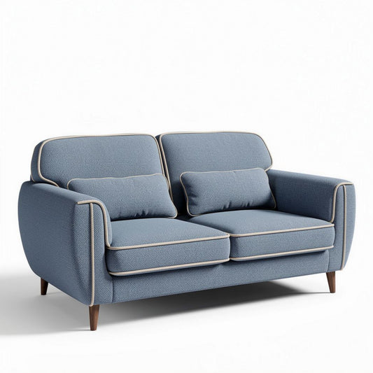 Blauwe stoffen bank met kussens en houten poten 200 x 90 x 80cm